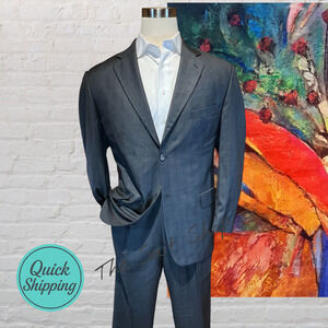 Vito Rufolo Italy Mens 46R 39x31 Gray with Ice Blue Stripe Super 100s Suit Note